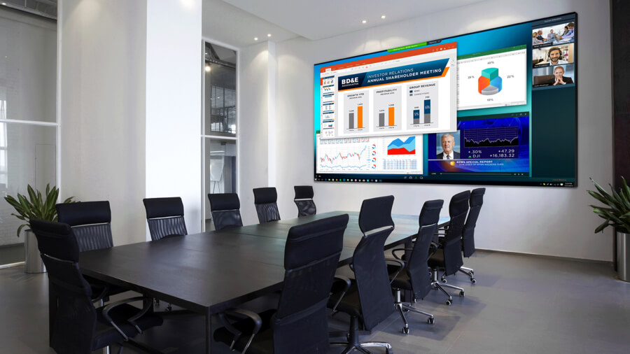 Corporate boardroom with a large active video screen.
